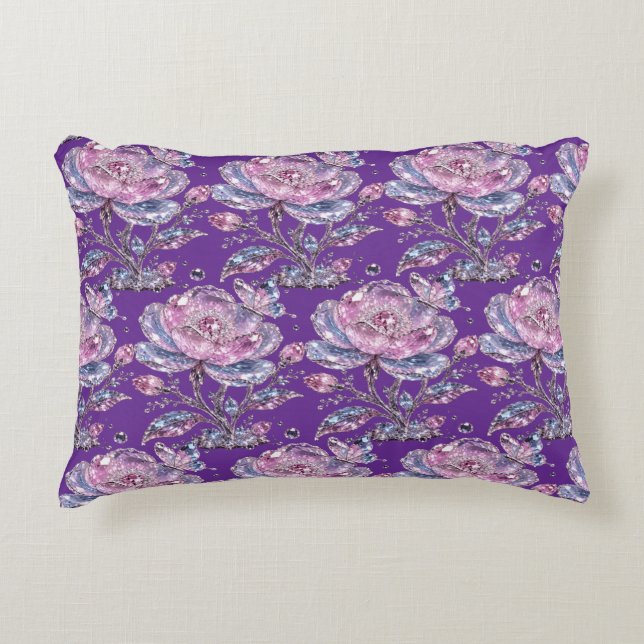Elegant Stof Roze Botanisch Patroon Design Accent Kussen (Voorkant)