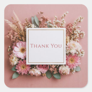 Elegant Stof Roze Gedroogde Bloemen Gouden Lijst R Vierkante Sticker