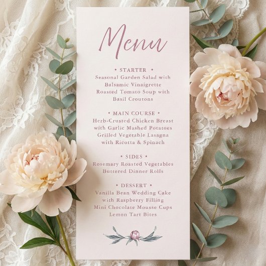Elegant Stof Roze Huwelijksmenu in Script Letterty Menu