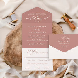 Elegant Stof Roze Kalligrafie Schrift Bruiloft All In One Uitnodiging