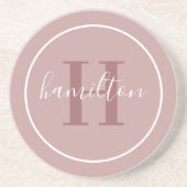 Elegant Stof Roze Ronde Monogram Script Zandsteen Onderzetter (Voorkant)