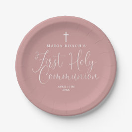 Elegant Stof Roze Roze Eerste Heilige Communie Papieren Bordje
