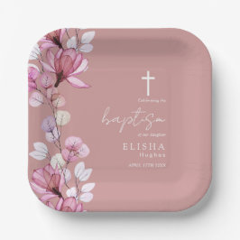 Elegant Stof Roze Roze Elegante Bloemen Doop Papieren Bordje