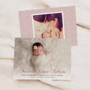 Elegant Stof Roze Schrift Baby Meisje Foto Geboort Aankondiging