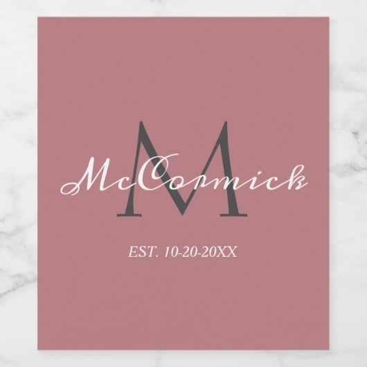 Elegant Stof Roze Script Familie Monogram Naam Wijn Etiket (Enkel label)