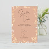 Elegant Stof Terracotta Koper Wilde Bloem 2 Foto Save The Date (Staand voorkant)