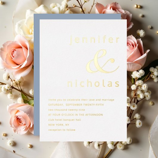 Elegant Stofblauw Ampersand Trouwgoud Folie Uitnodiging