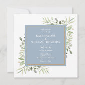 Elegant Stofblauw Aquarel Groene Huwelijksuitnodig Kaart (Voorkant)