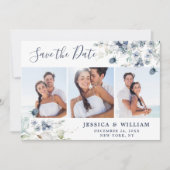 Elegant Stofblauw Blad Bruiloft 3 FOTO Save The Date (Voorkant)