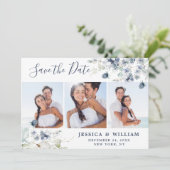 Elegant Stofblauw Blad Bruiloft 3 FOTO Save The Date (Staand voorkant)