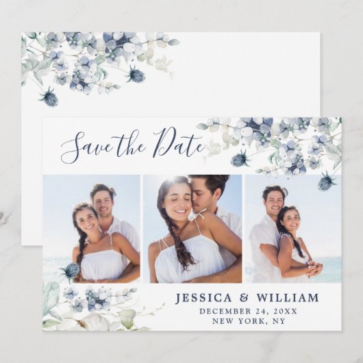 Elegant Stofblauw Blad Bruiloft 3 FOTO Save The Date (Voorkant / Achterkant)