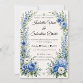 Elegant Stofblauw Bloem Bruiloft Kaart (Voorkant)
