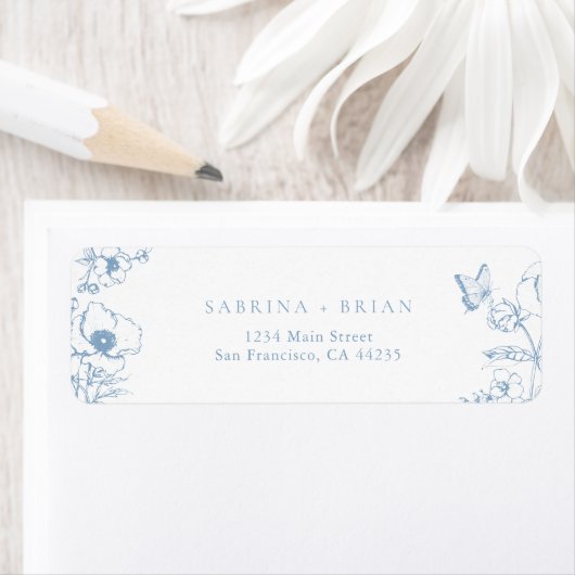 Elegant Stofblauw Bloem Bruiloft Retouradres Etiket (Insitu)