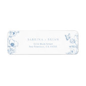 Elegant Stofblauw Bloem Bruiloft Retouradres Etiket (Voorkant)