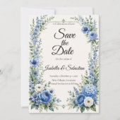 Elegant Stofblauw Bloem Bruiloft Save The Date (Voorkant)