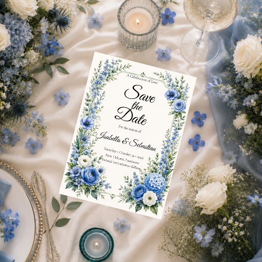 Elegant Stofblauw Bloem Bruiloft Save The Date