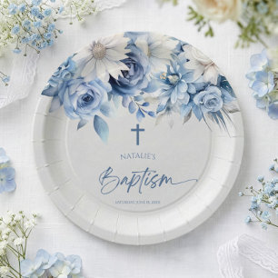 Elegant Stofblauw Bloem Doopfeest Papieren Bordje