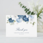 Elegant Stofblauw Bloem Eucalyptus Bruidsdouche Bedankkaart (Staand voorkant)