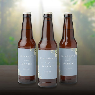 Elegant Stofblauw Bloemengroen Huwelijk Bier Etiket