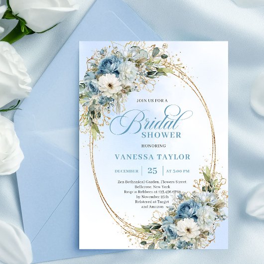Elegant Stofblauw Bloemenscript Bruiloftsshower   Kaart