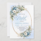 Elegant Stofblauw Bloemenscript Bruiloftsshower   Kaart (Voorkant)