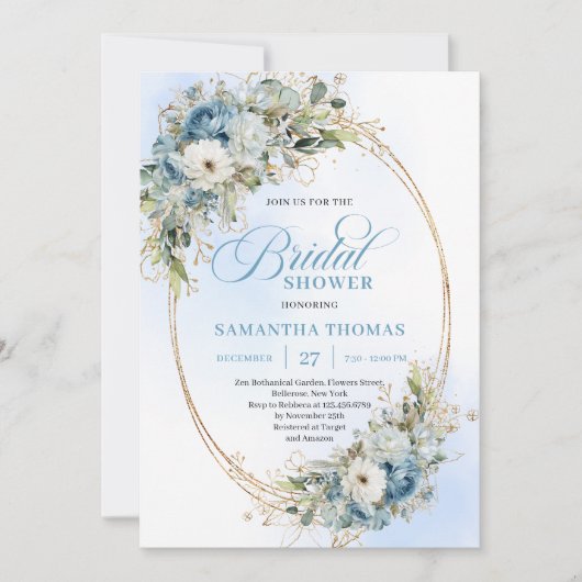 Elegant Stofblauw Bloemenscript Bruiloftsshower Kaart (Voorkant)