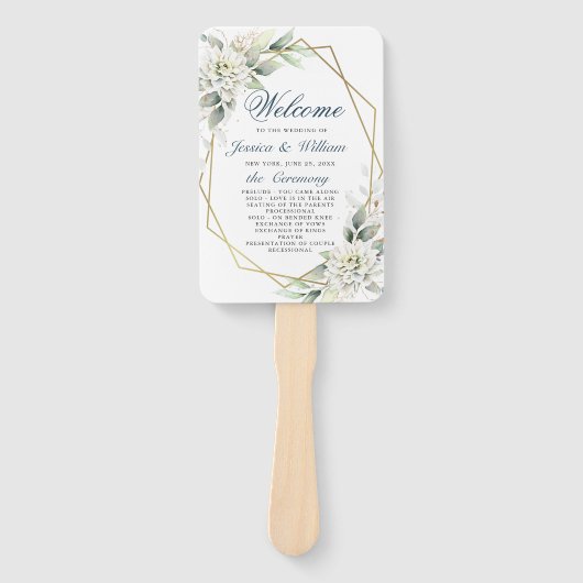 Elegant Stofblauw Bloemig Blad Bruiloftsprogramma Handwaaier (Voorkant)