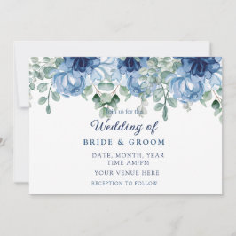 Elegant Stofblauw Bloemmotief Eucalyptus Bruiloft Kaart