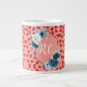 Elegant Stofblauw Bloemmotief & Rode Harten Gebord Grote Koffiekop