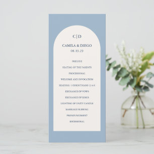 Elegant Stofblauw Boog Modern Huwelijk Programmakaart