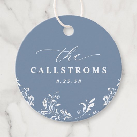 Elegant Stofblauw Bruiloft Klasse Rond Bedankjes Labels (Voorkant)