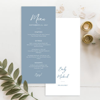Elegant Stofblauw Eenvoudige Kalligrafie Huwelijk  Menu