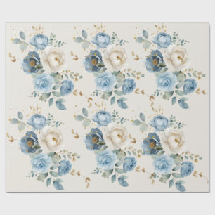 Elegant Stofblauw en Crème Roze Huwelijk Cadeaupapier