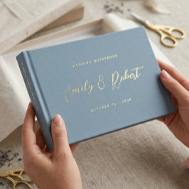 Elegant Stofblauw en Gouden Kalligrafie Bruiloft Gastenboek