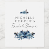 Elegant Stofblauw en Marine Bloemmotief Wijn Etiket (Enkel label)