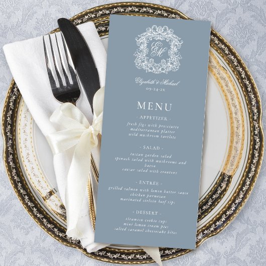 Elegant Stofblauw Formeel Monogram Wapen Huwelijk Menu