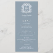 Elegant Stofblauw Formeel Monogram Wapen Huwelijk Menu (Voorkant)