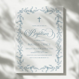 Elegant Stofblauw Handgetekend Bloemenkader Doopfe Kaart