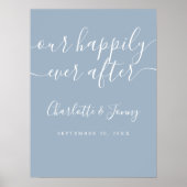 Elegant Stofblauw Happily Ever After Trouwbord Poster (Voorkant)
