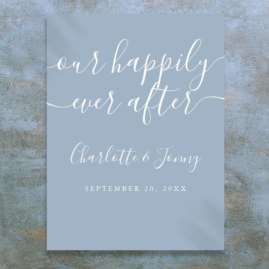 Elegant Stofblauw Happily Ever After Trouwbord Poster