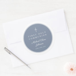 Elegant Stofblauw Kruis Jongen Eerste Communie Ronde Sticker