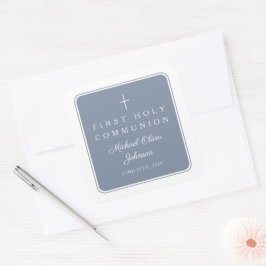 Elegant Stofblauw Kruis Jongen Eerste Communie Vierkante Sticker