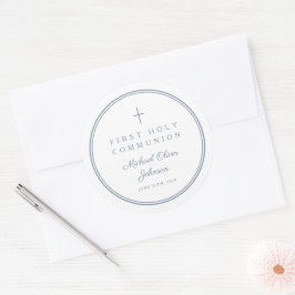 Elegant Stofblauw Kruis Jongen Eerste Heilige Comm Ronde Sticker