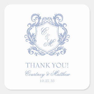 Elegant Stofblauw Monogram Wapenschild Bedankt Vierkante Sticker