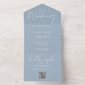Elegant Stofblauw QR Code Monogram Huwelijk All In One Uitnodiging (Binnen)