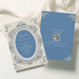 Elegant Stofblauw Rococo Bruiloft Kaart