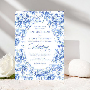 Elegant Stofblauw Toile de Jouy Bloem Bruiloft Kaart