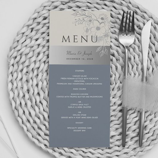 Elegant Stofblauw Trouwmenu Menu