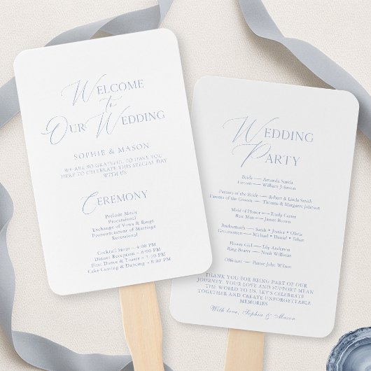 Elegant Stofblauw Trouwprogramma & Welkomstbord Handwaaier