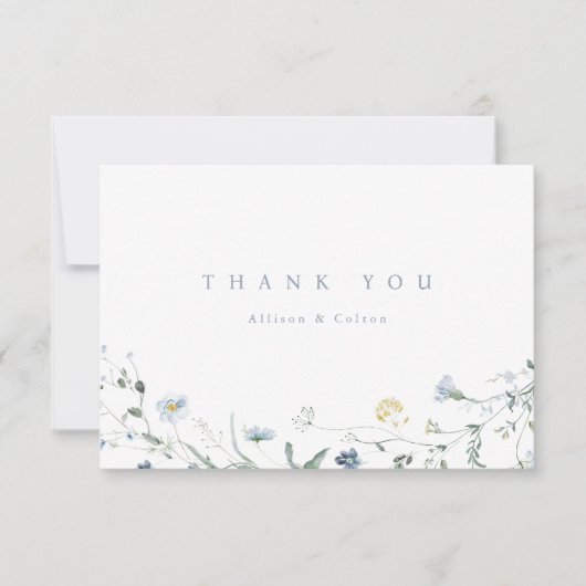 Elegant Stofblauw Wilde Bloem Rustieke Boho Bruilo Bedankkaart (Voorkant)